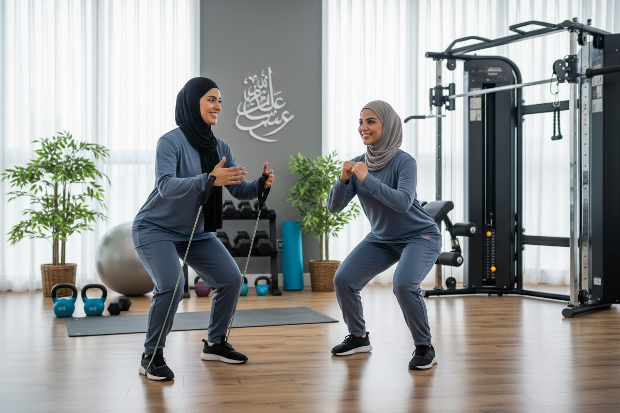 women exercise with coach